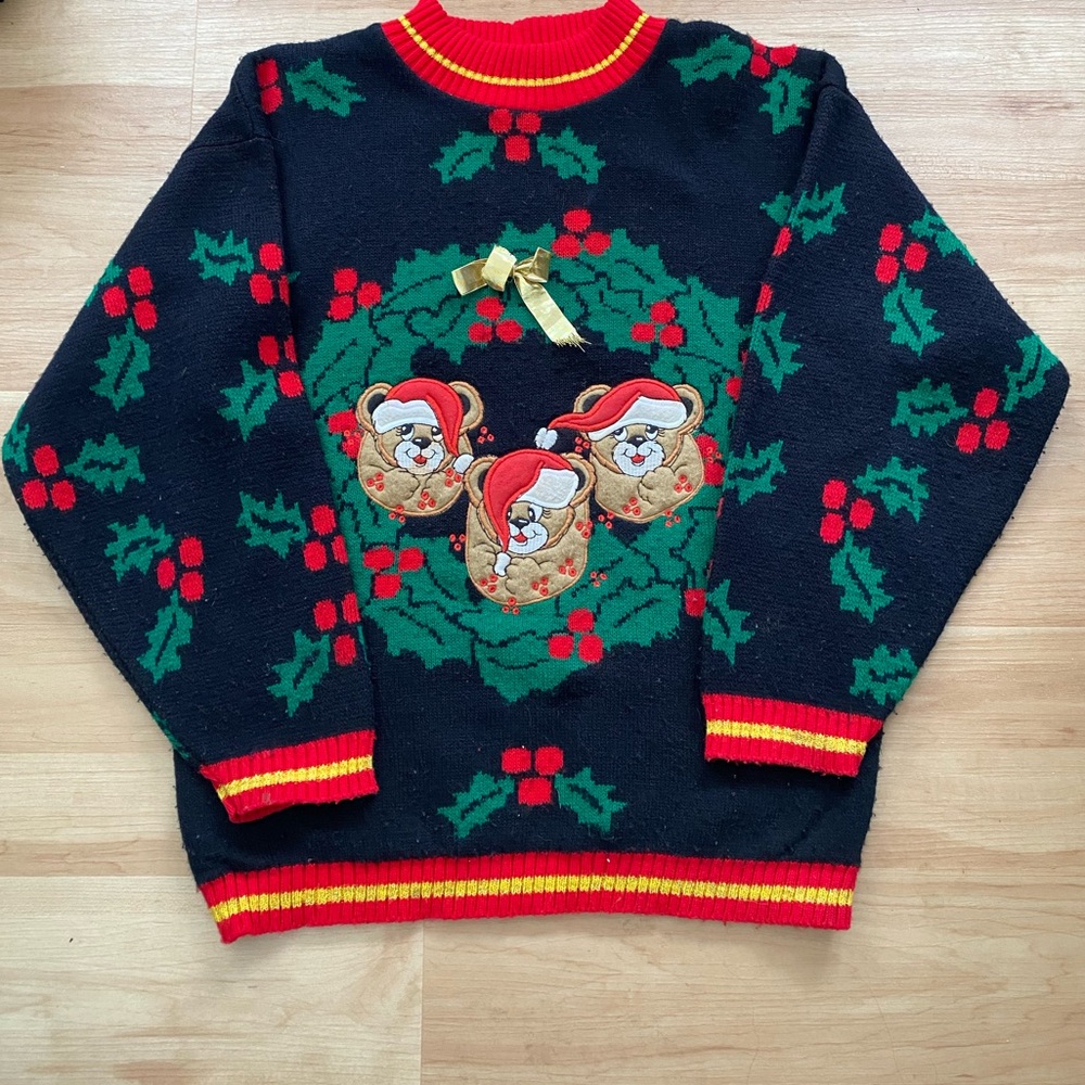 VTG 80’s Knitwaves Ugly Christmas Sweater Bears Poinsettias wreath festive S